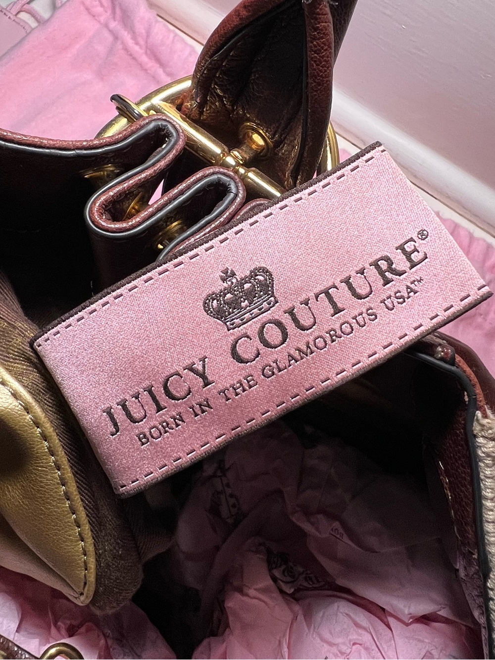 VNTG Juicy Couture Chocolate Brown Leather Hobo Shoulder Bag Gold Hardware Y2K - Picture 14 of 16